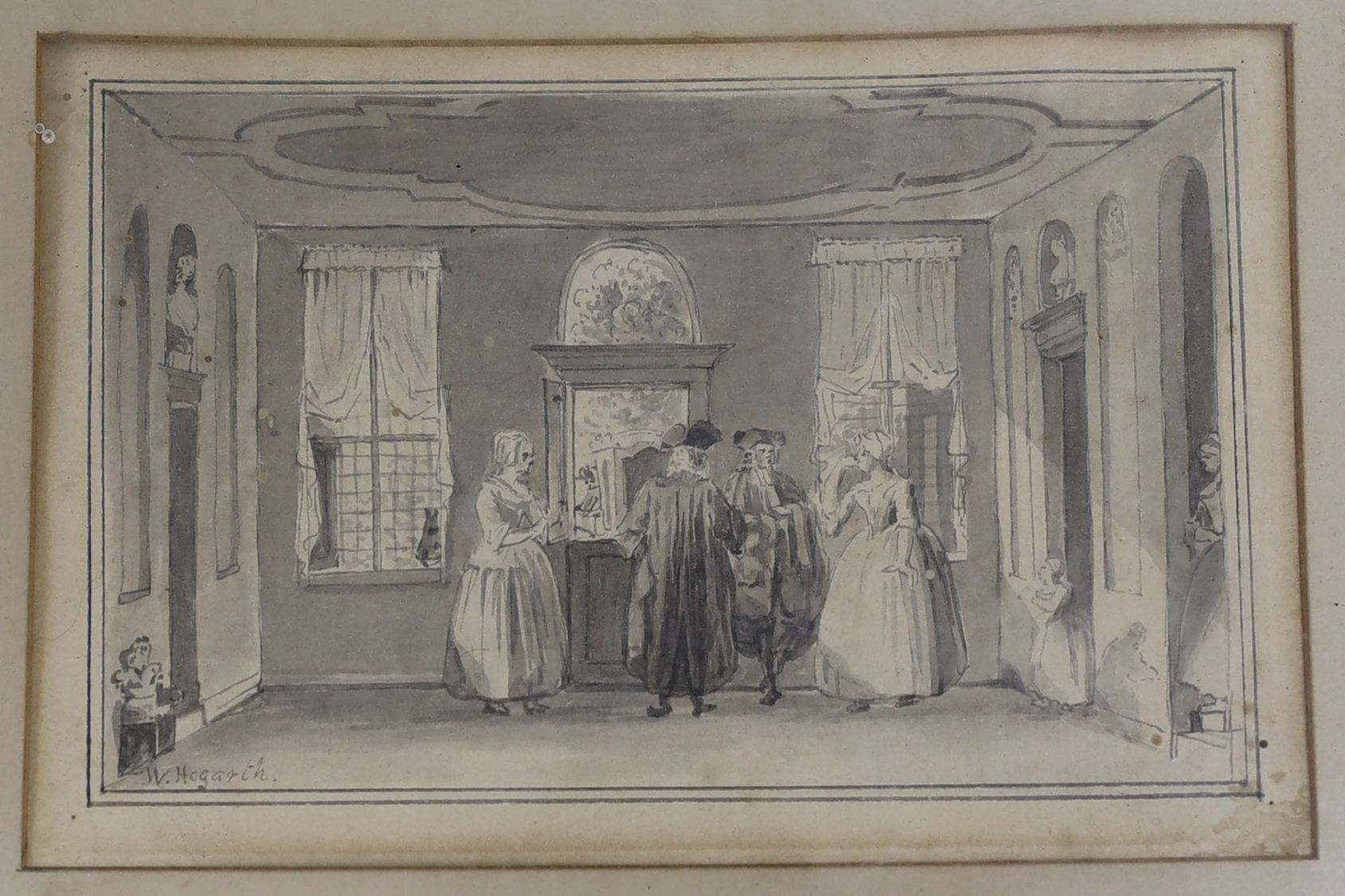 After William Hogarth (1697-1764), satirical etching, 'The Battle of the Pictures', unframed, together with a monochrome watercolour, signed W. Hogarth, largest 29 x 36cm, unframed